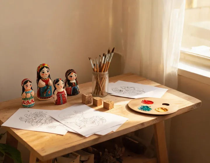 Jim Shore studio table with painted figurines and sketches