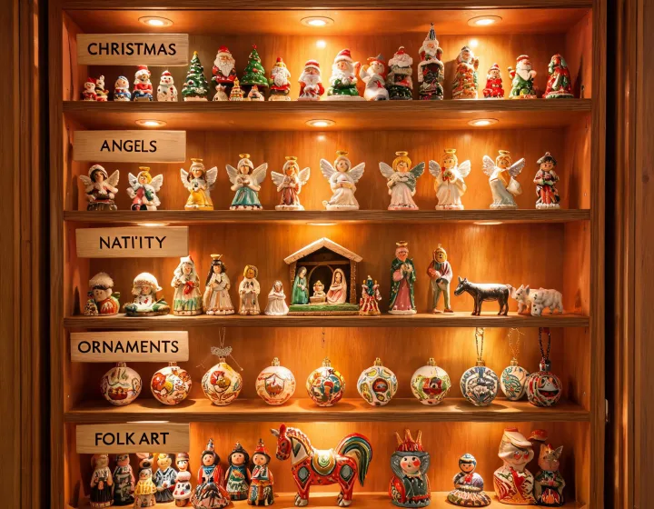Collector cabinet with organized Jim Shore style figurine themes