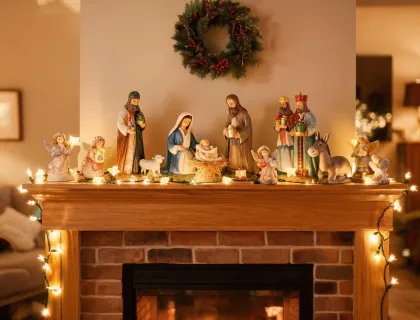 Family mantel with nativity figurines