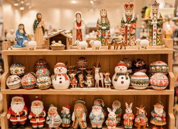 Painted collectible figurines arranged in a holiday display