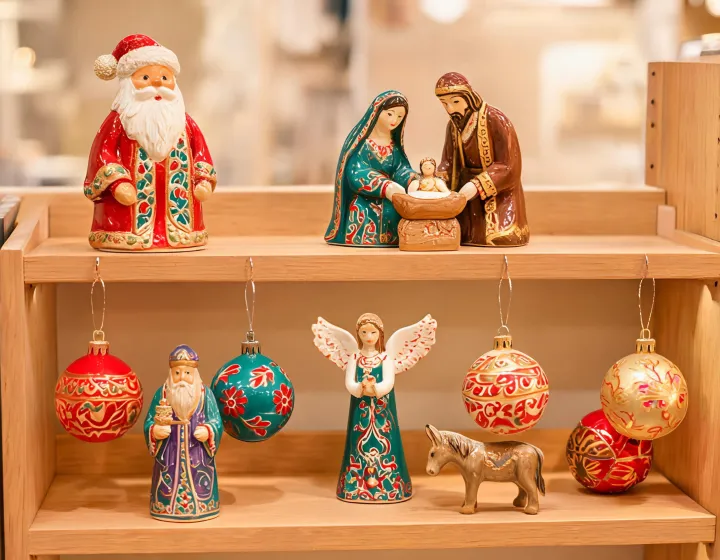 Hand painted figurines and ornaments on a retail display shelf