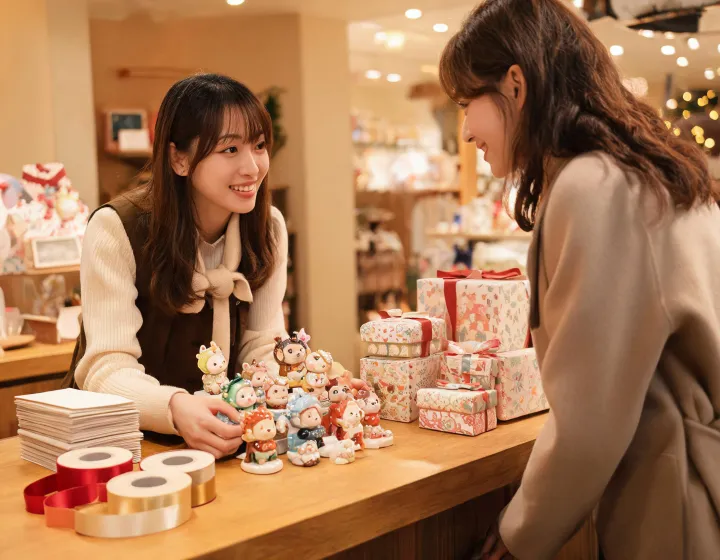 Gift advisor arranging collectible figurines for a shopper